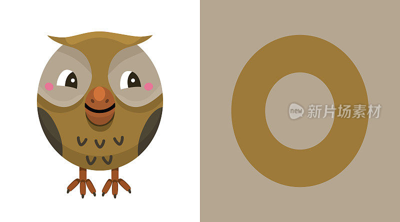 O是猫头鹰。字母o . Owl。,可爱的插图。动物的字母表。